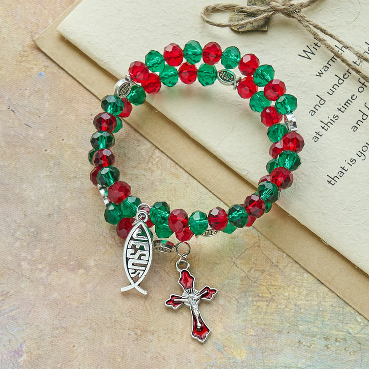 Christianartworkshop Bracciale rosario Faith in filo di memoria rosso e verde con pesce e crocifisso di GESÙ - image 2