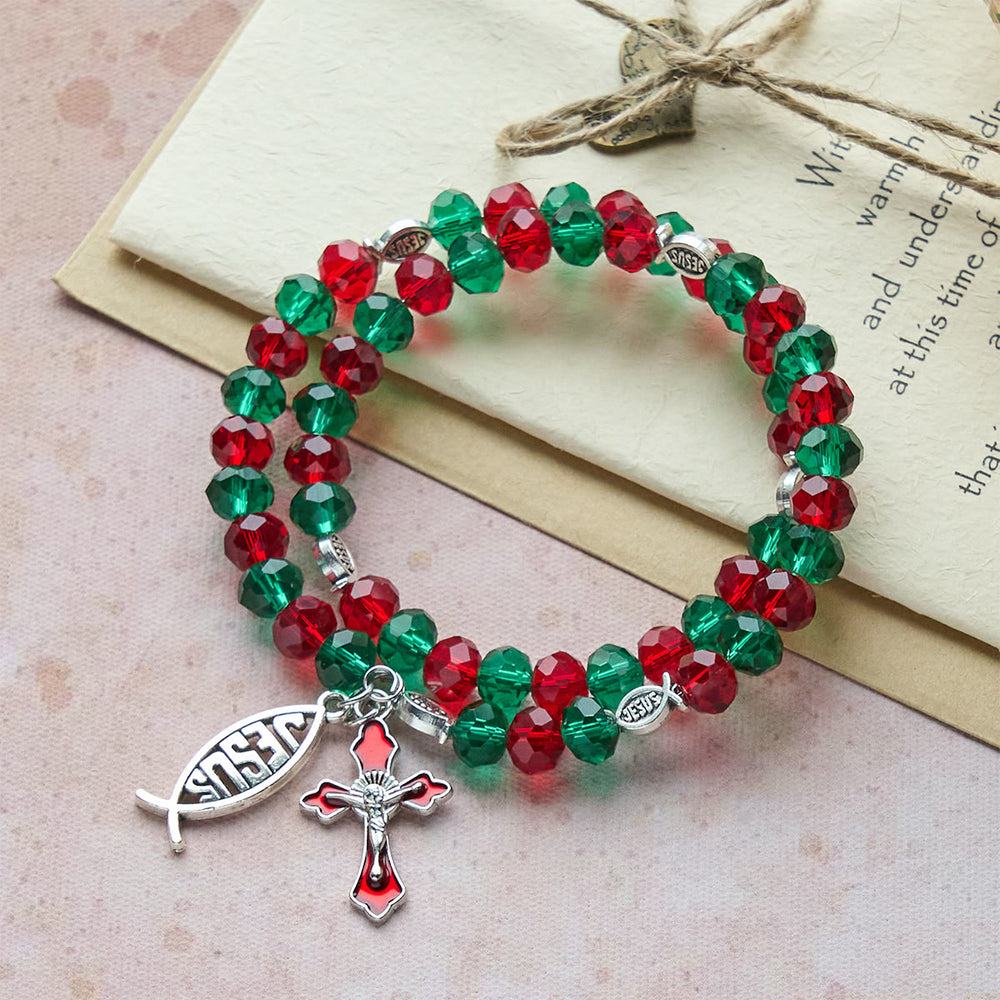 Christianartworkshop Bracciale rosario in filo di memoria rosso e verde con pesce e crocifisso di GESÙ - image 1