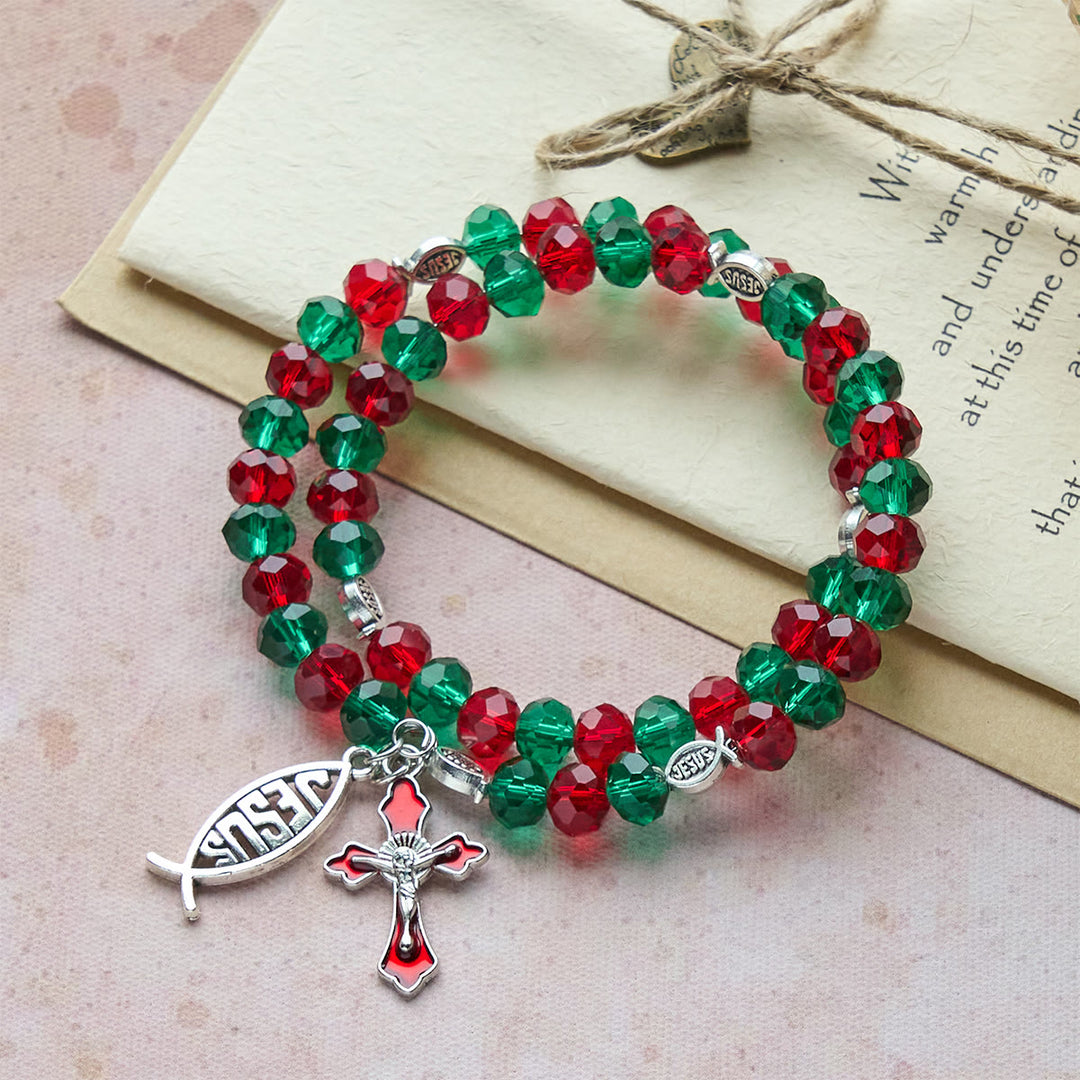 Christianartworkshop Bracciale rosario in filo di memoria rosso e verde con pesce e crocifisso di GESÙ - image 1