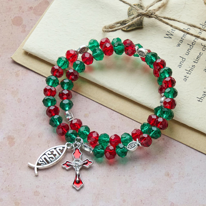 Christianartworkshop Bracciale rosario in filo di memoria rosso e verde con pesce e crocifisso di GESÙ - image 1