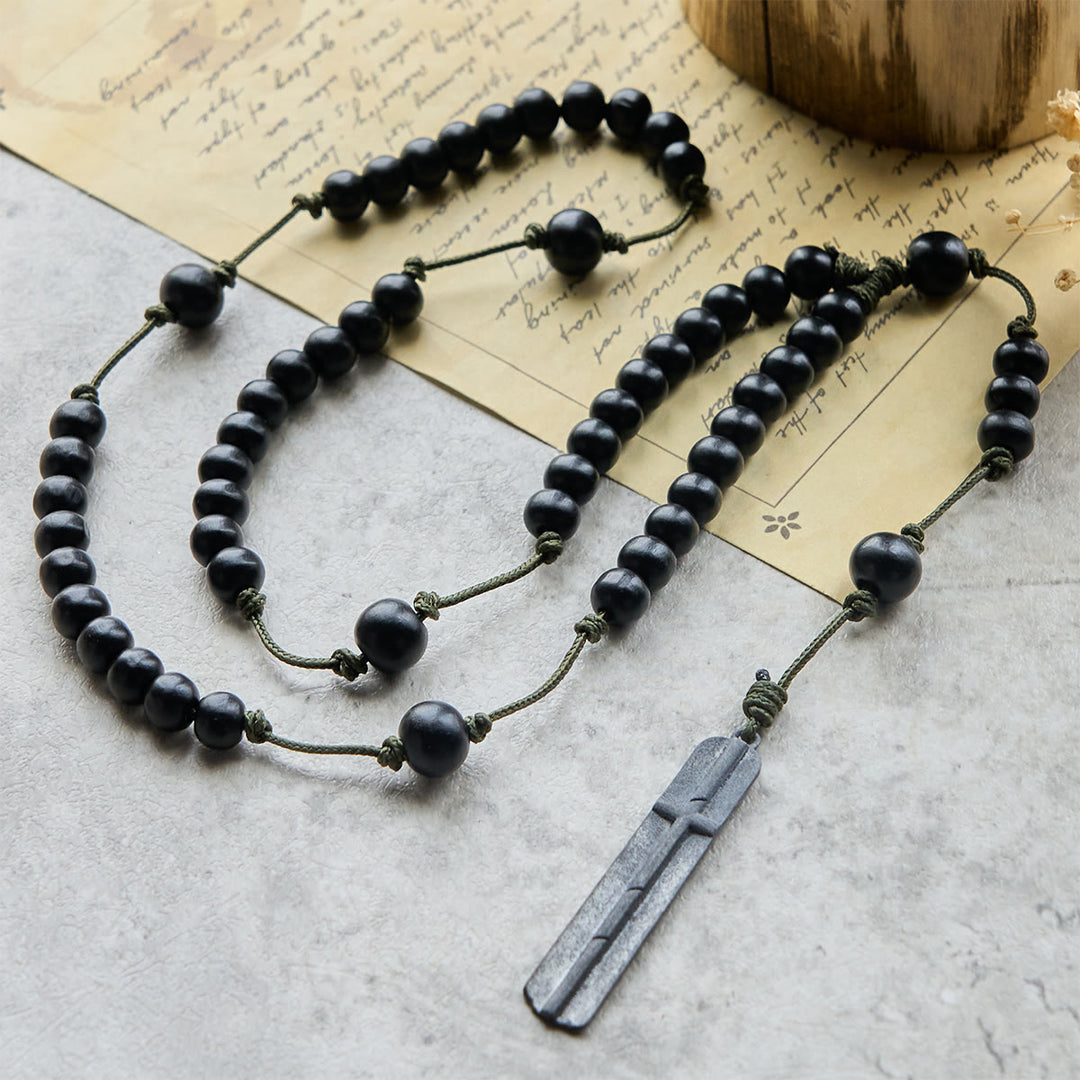 Christianartworkshop Croce rustica-contemporanea con perline rotonde in legno naturale da 7 mm, rosario con catena intrecciata in corda - Attraverso - image 0