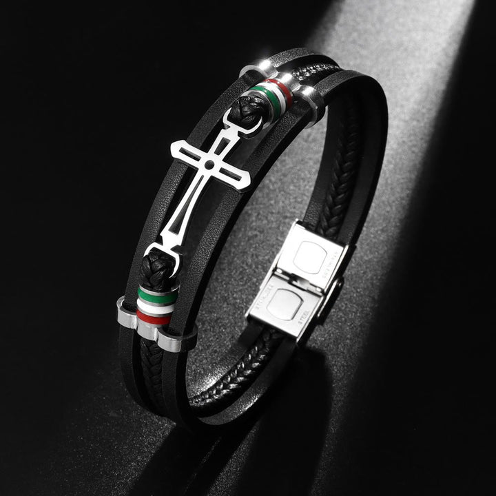 Bracciale in pelle con croce di Christianartworkshop: fede robusta e devozione elegante da indossare ogni giorno - Circonferenza del polso: 8,27''/21 cm - image 0