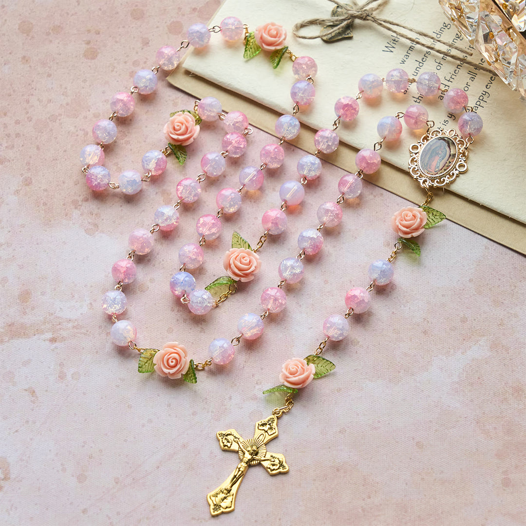 Christianartworkshop Vergine Maria con rosario decorato con rose: fede senza tempo e simbolo di fede floreale - Rosa rosa con crocifisso - image 0