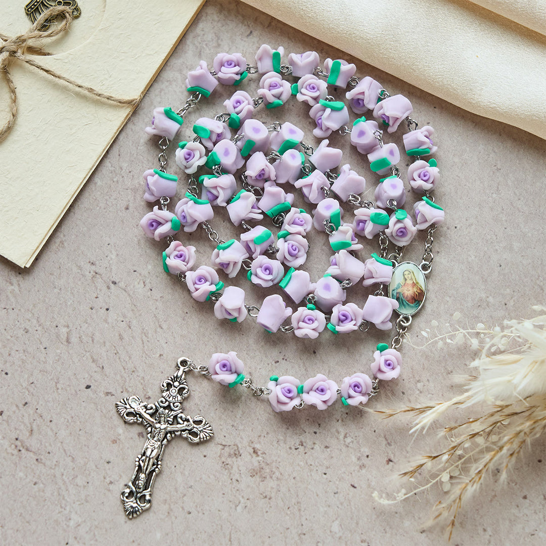 Christianartworkshop Rosario di rose in argilla morbida: devozione floreale e connessione spirituale artigianale - Viola - image 8