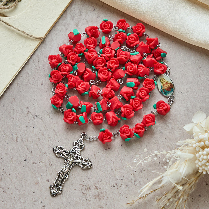 Christianartworkshop Rosario di rose in argilla morbida: devozione floreale e connessione spirituale artigianale - Rosso - image 0