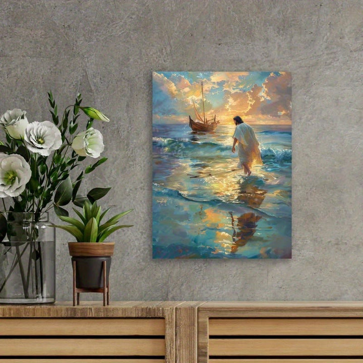 Christianartworkshop Arte murale del viaggio spirituale: Gesù che cammina sull'acqua e risonanza della fede per l'arredamento - Dipinto su tela incorniciato - 11,81''*15,75''0,71"/30*40*1,8 cm - image 0