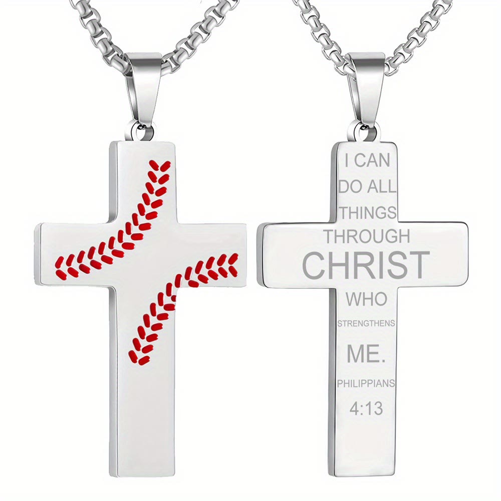 Christianartworkshop Collana con croce a punto baseball: devozione atletica e citazione ispiratrice - Argento - Filippesi 4:13 - image 9