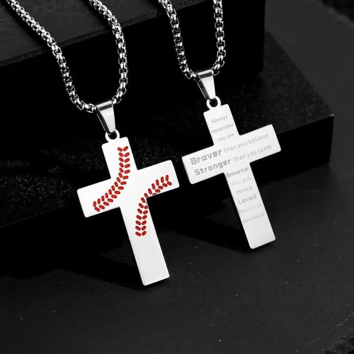 Christianartworkshop Collana con croce a punto baseball: devozione atletica e citazione ispiratrice - Argento - Ricorda sempre - image 0