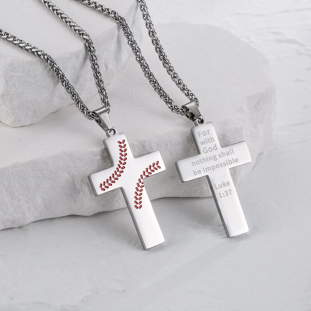 Christianartworkshop Collana con croce a punto baseball: devozione atletica e citazione ispiratrice - Argento - Luca 1:37 - image 7