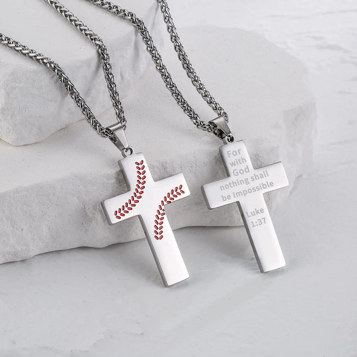 Christianartworkshop Collana con croce a punto baseball: devozione atletica e citazione ispiratrice - Argento - Luca 1:37 - image 7