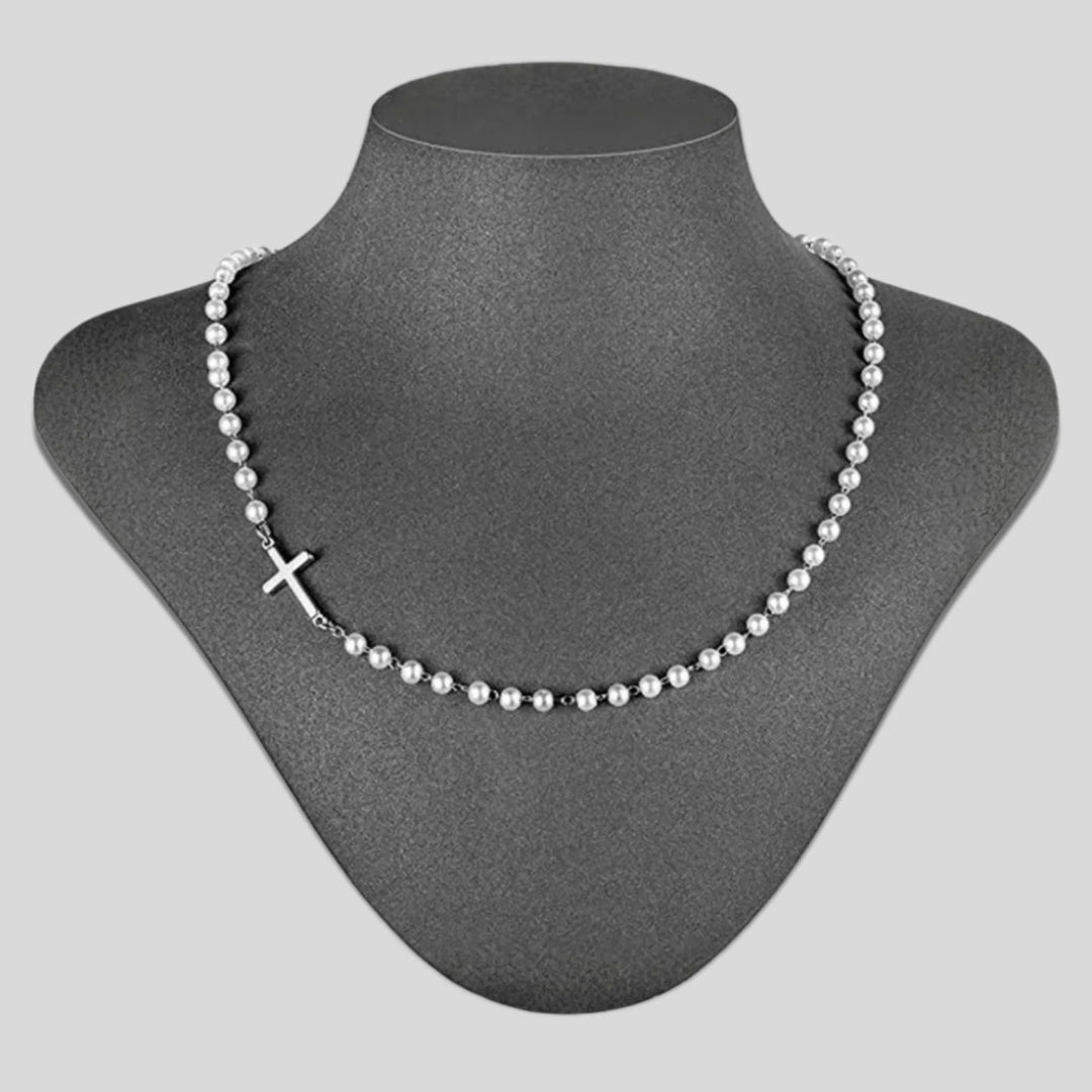 Collana con perline bianche e croce di Christianartworkshop: devozione elegante e grazia fedele - Argento - image 3