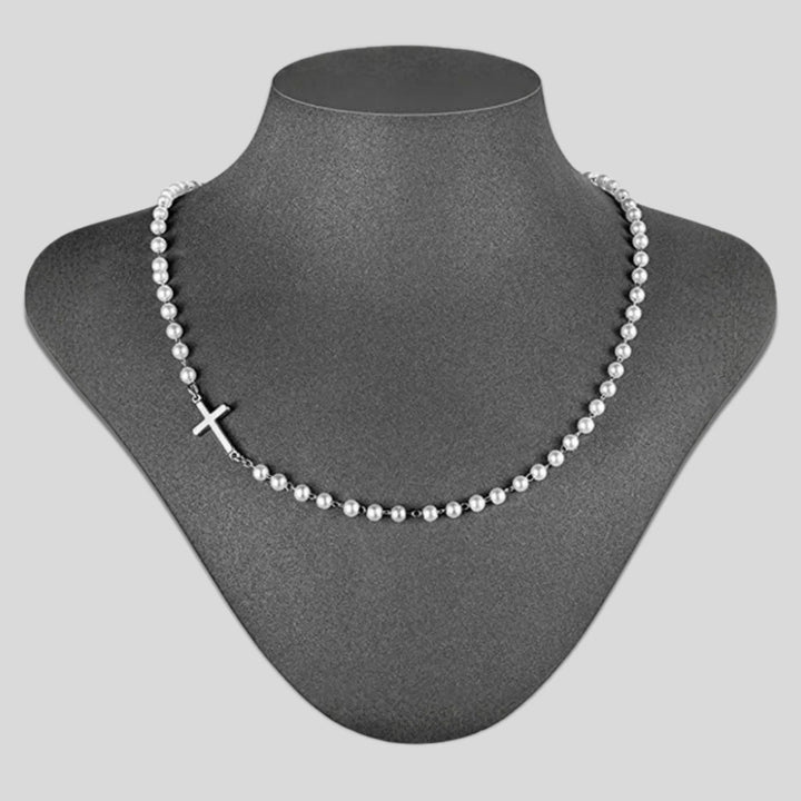 Collana con perline bianche e croce di Christianartworkshop: devozione elegante e grazia fedele - Argento - image 3