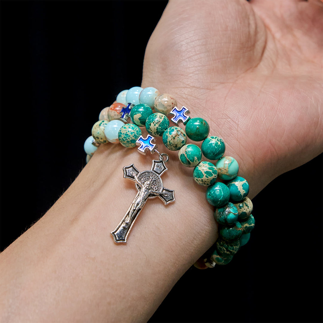 Bracciale rosario in pietra Shoushan e pietra venata verde di Christianartworkshop: devozione e grazia terrena - image 1