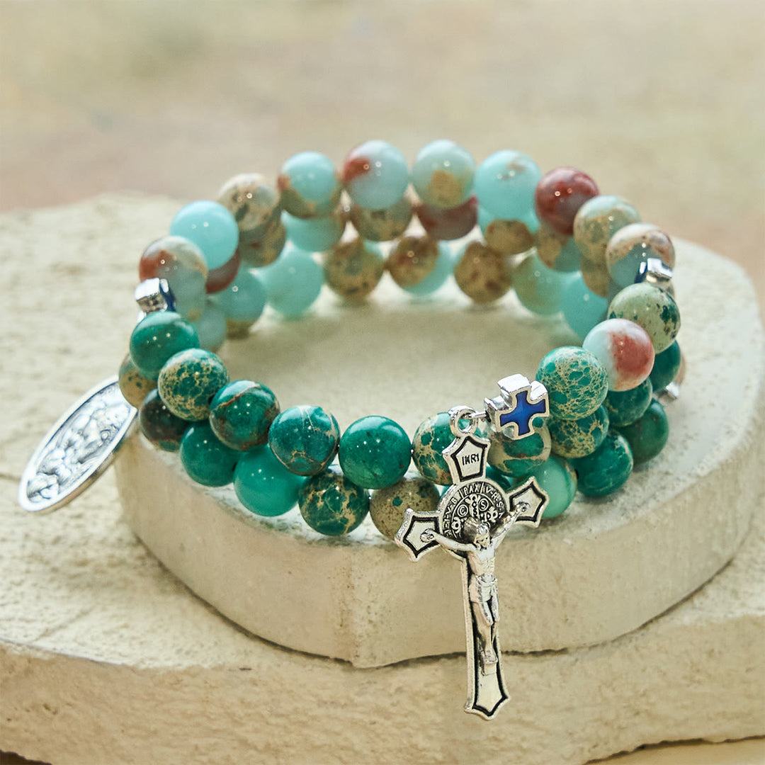 Bracciale rosario in pietra Shoushan e pietra venata verde di Christianartworkshop: devozione e grazia terrena - image 2