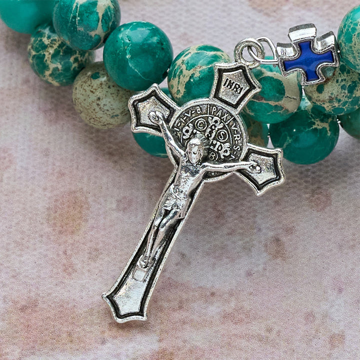 Bracciale rosario in pietra Shoushan e pietra venata verde di Christianartworkshop: devozione e grazia terrena - image 6