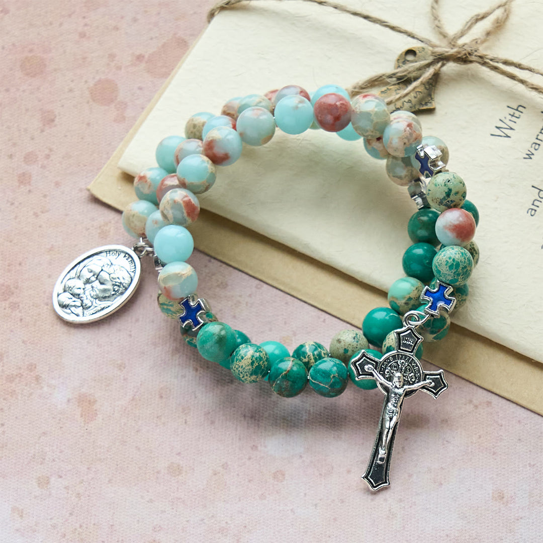 Bracciale rosario in pietra Shoushan e pietra venata verde di Christianartworkshop: devozione e grazia terrena - image 3