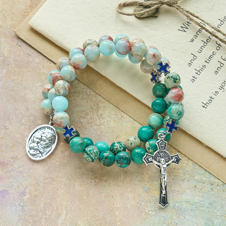 Bracciale rosario in pietra Shoushan e pietra venata verde di Christianartworkshop: devozione e grazia terrena - image 0