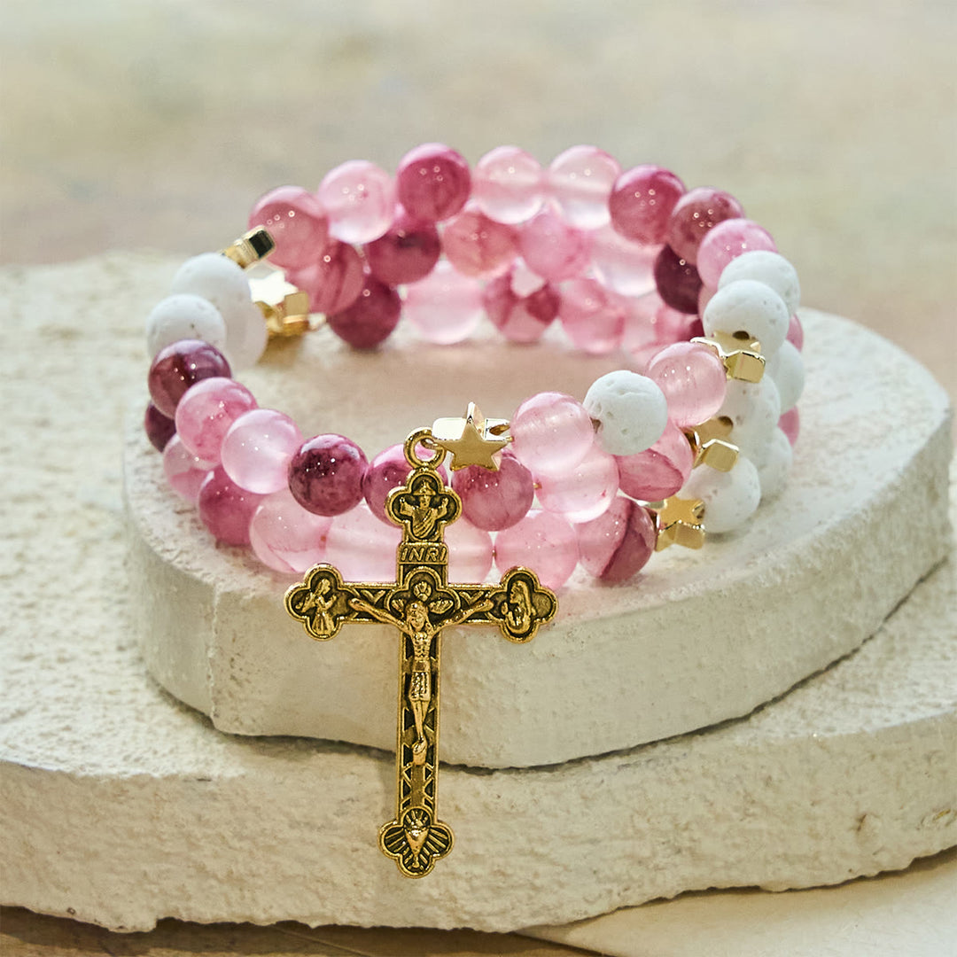 Christianartworkshop Bracciale rosario in gesso e agata rossa: devozione e dolcezza celeste - Circonferenza del polso: 7,09"-9,45"/18-24 cm - image 0