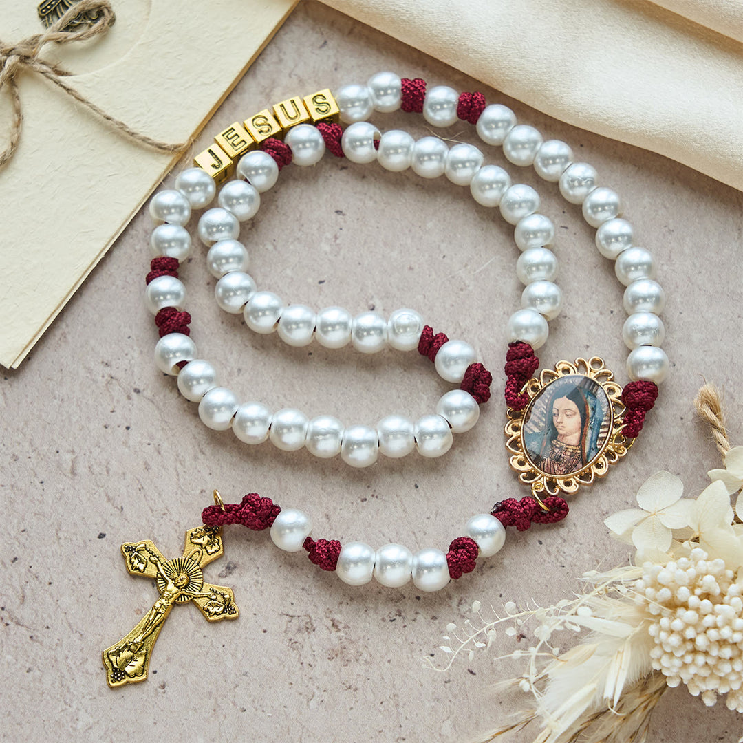 Christianartworkshop Grazioso rosario bianco personalizzato con paracord bordeaux e lettere personalizzate di GESÙ - GESÙ (Nessuna consuetudine) - image 0