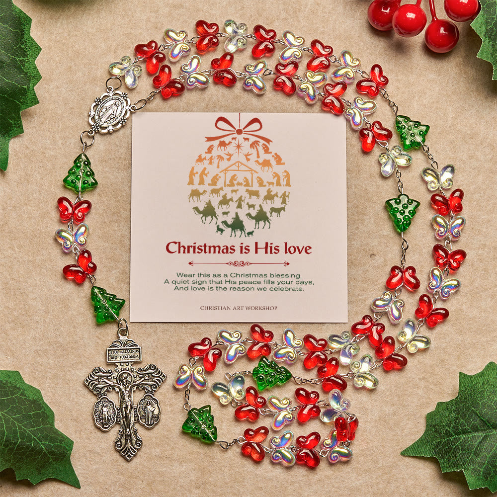 Christianartworkshop Regalo di Natale: Rosario dell'albero di Natale benedetto con perline di cristallo a forma di farfalla - Il Natale è il Suo Amore - image 2
