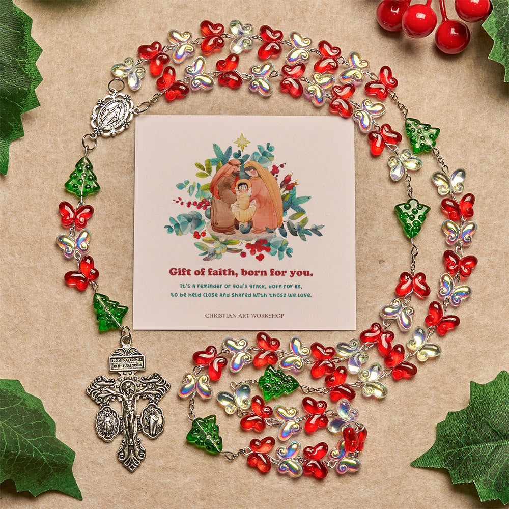 Christianartworkshop Regalo di Natale: Rosario dell'albero di Natale benedetto con perline di cristallo a forma di farfalla - Dono della fede nato per te - image 3