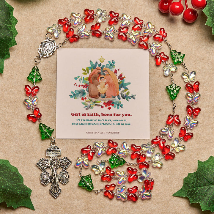 Christianartworkshop Regalo di Natale: Rosario dell'albero di Natale benedetto con perline di cristallo a forma di farfalla - Dono della fede nato per te - image 3