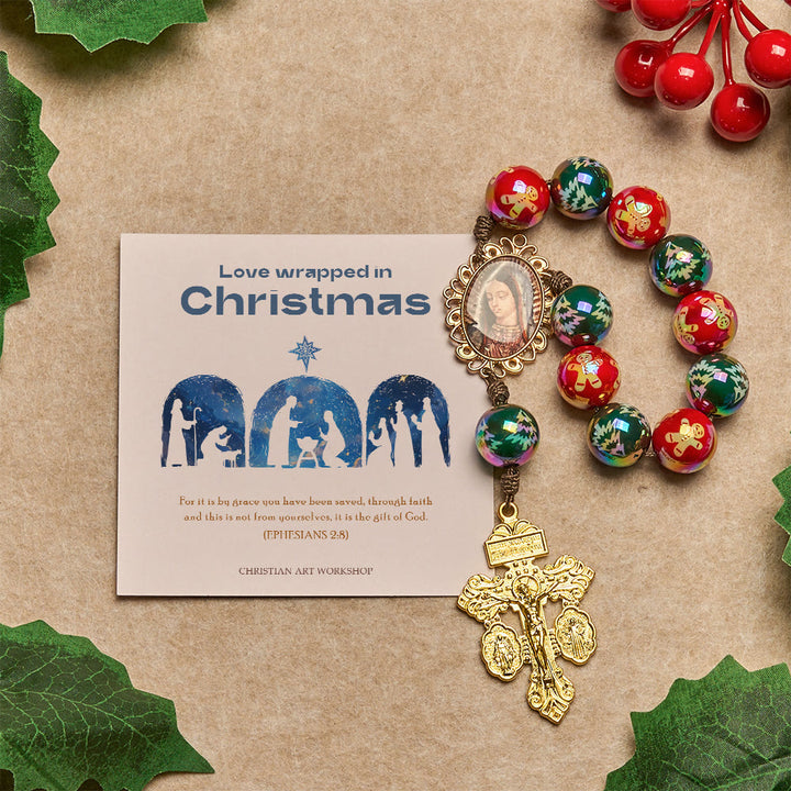 Christianartworkshop Regalo di Natale: Rosario tascabile con perline rosse e verdi per le feste di Natale: prega ovunque e in qualsiasi momento - Gioia al mondo - image 1