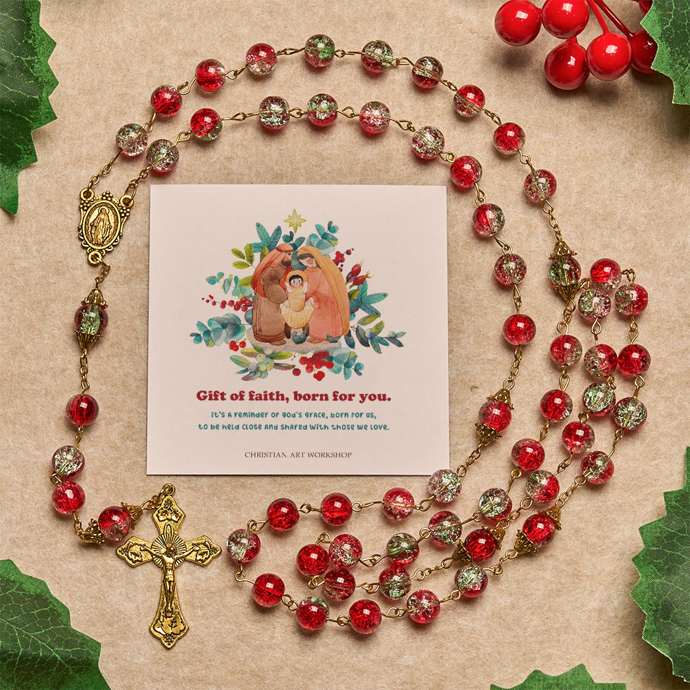 Christianartworkshop Regalo di Natale: Rosario a perline rosse a tema natalizio con crocifisso dorato e medaglia della Madonna - Dono della fede nato per te - image 0