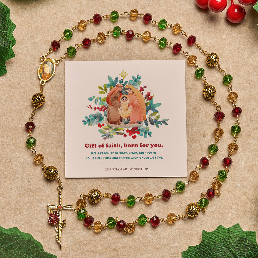 Christianartworkshop Regalo di Natale: Rosario natalizio vintage con perline sfaccettate rosse e verdi, con la Madonna e il crocifisso rosa - Dono della fede nato per te - image 0