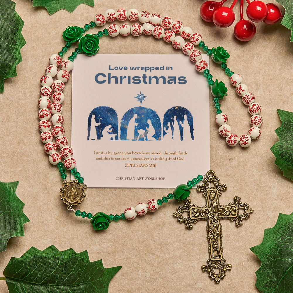 Christianartworkshop Regalo di Natale: Rosario con perline in ceramica floreale rossa e rosa verde: Il giardino dell'amore di Maria - Amore avvolto nel Natale - image 0