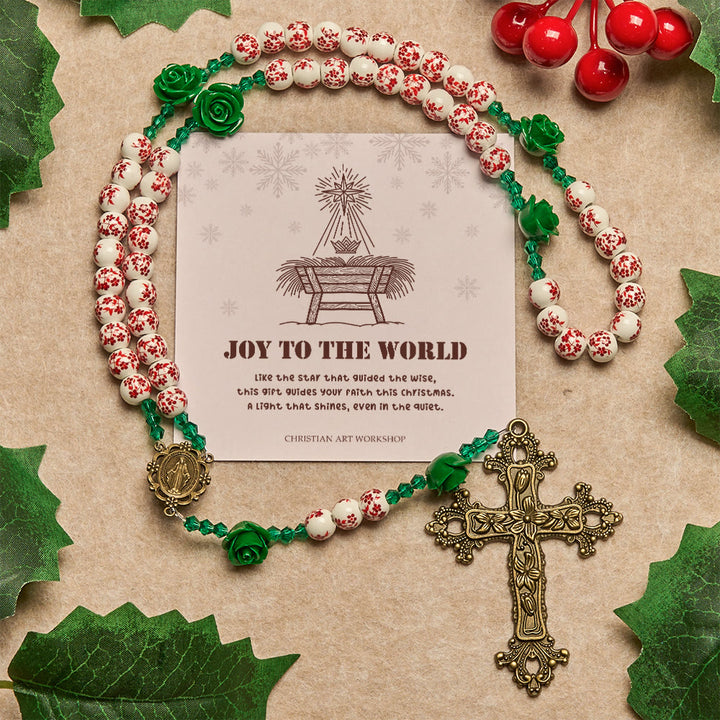 Christianartworkshop Regalo di Natale: Rosario con perline in ceramica floreale rossa e rosa verde: Il giardino dell'amore di Maria - Gioia al mondo - image 1
