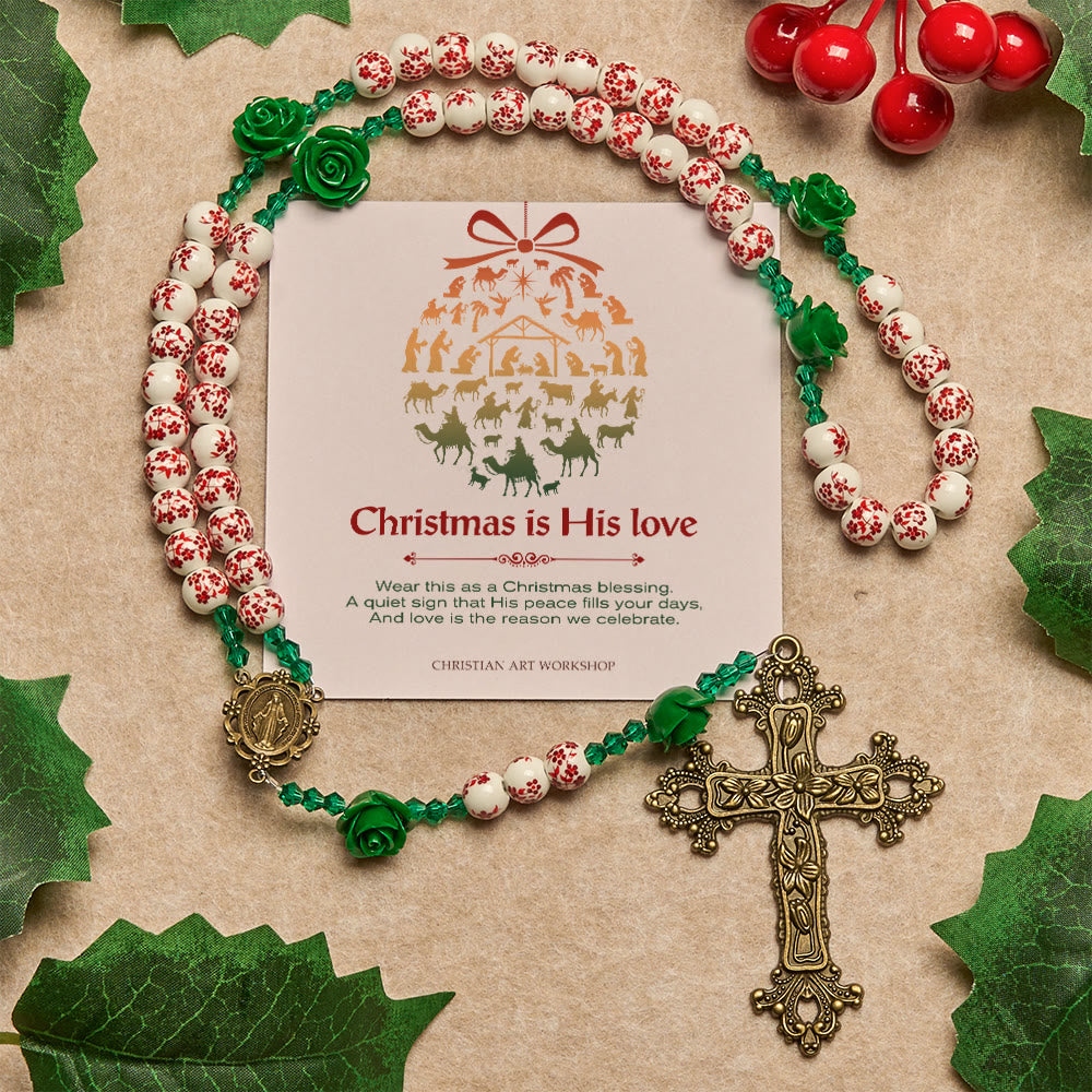 Christianartworkshop Regalo di Natale: Rosario con perline in ceramica floreale rossa e rosa verde: Il giardino dell'amore di Maria - Il Natale è il Suo Amore - image 2