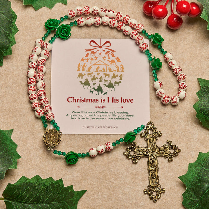 Christianartworkshop Regalo di Natale: Rosario con perline in ceramica floreale rossa e rosa verde: Il giardino dell'amore di Maria - Il Natale è il Suo Amore - image 2