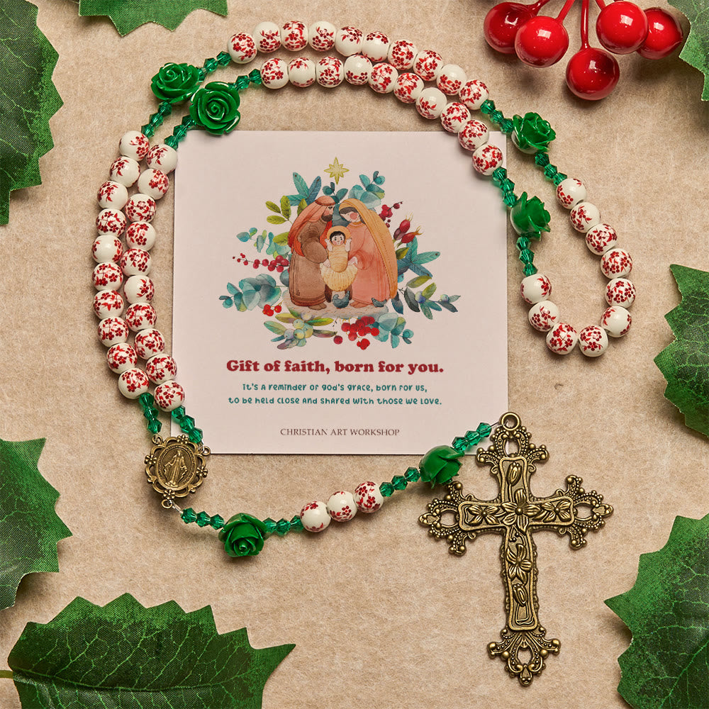 Christianartworkshop Regalo di Natale: Rosario con perline in ceramica floreale rossa e rosa verde: Il giardino dell'amore di Maria - Dono della fede nato per te - image 3