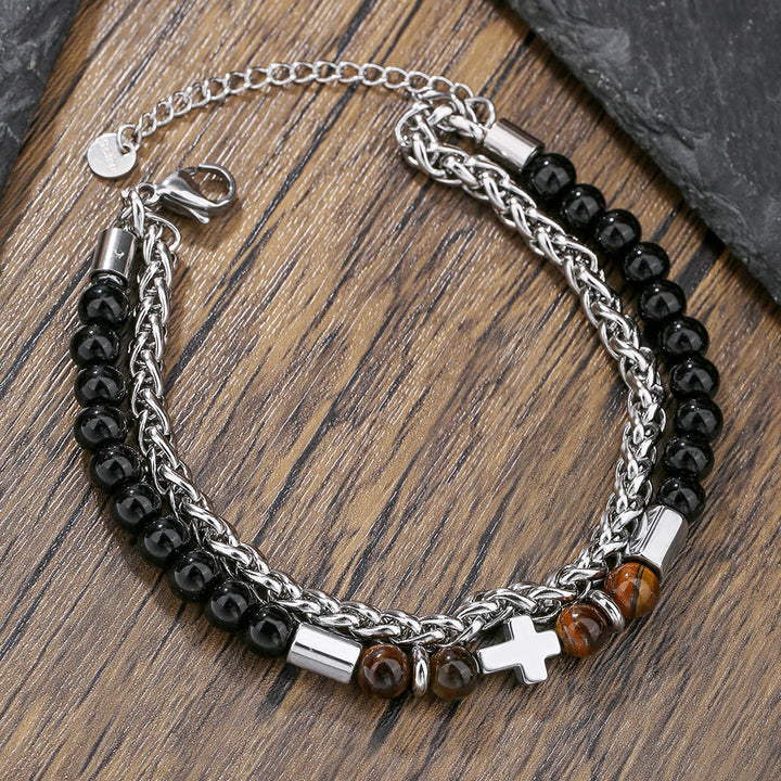 Bracciale in occhio di tigre e onice nero Christianartworkshop : identità guidata dalla fede e devozione senza tempo - Circonferenza del polso: 7,87''-9,84''/20-25 cm - image 0