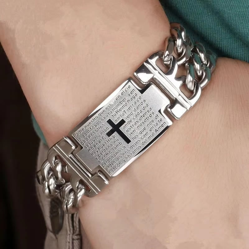 Christianartworkshop Bracciale con croce e preghiera: testo sacro e moda audace - Argento - image 0