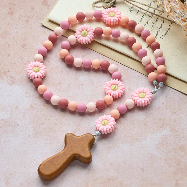 Christianartworkshop Rosario in silicone rosa con margherita per bambini e croce in legno - image 3