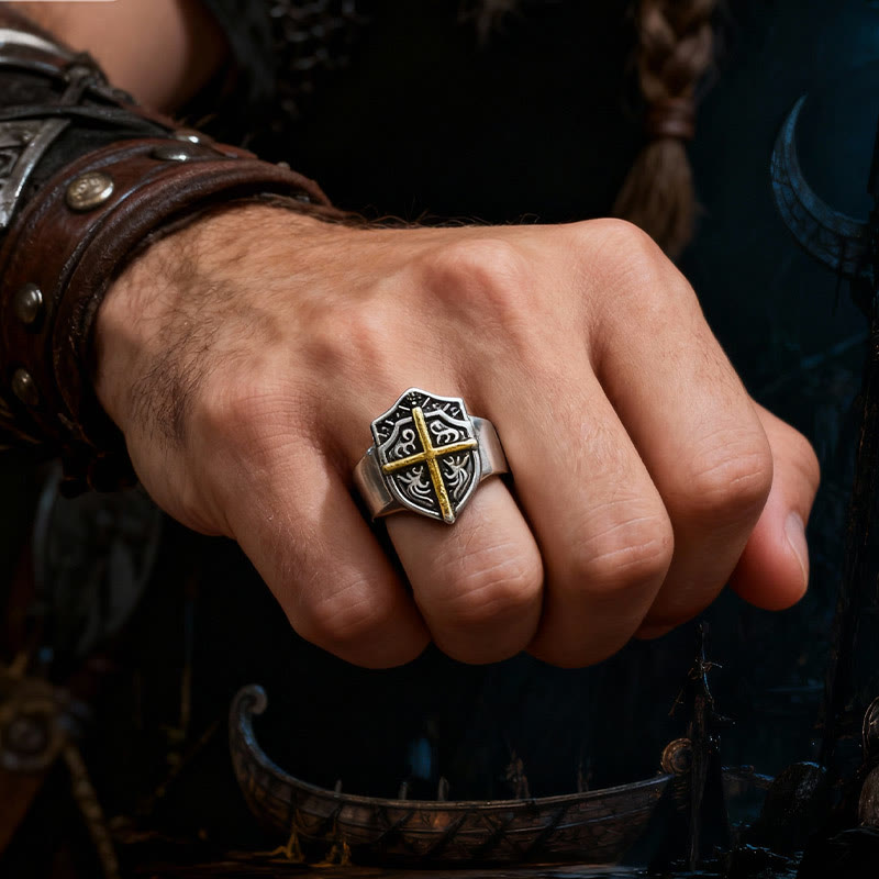 Christianartworkshop Anello con croce e scudo: protezione fedele e devozione senza tempo - Regolabile - image 0