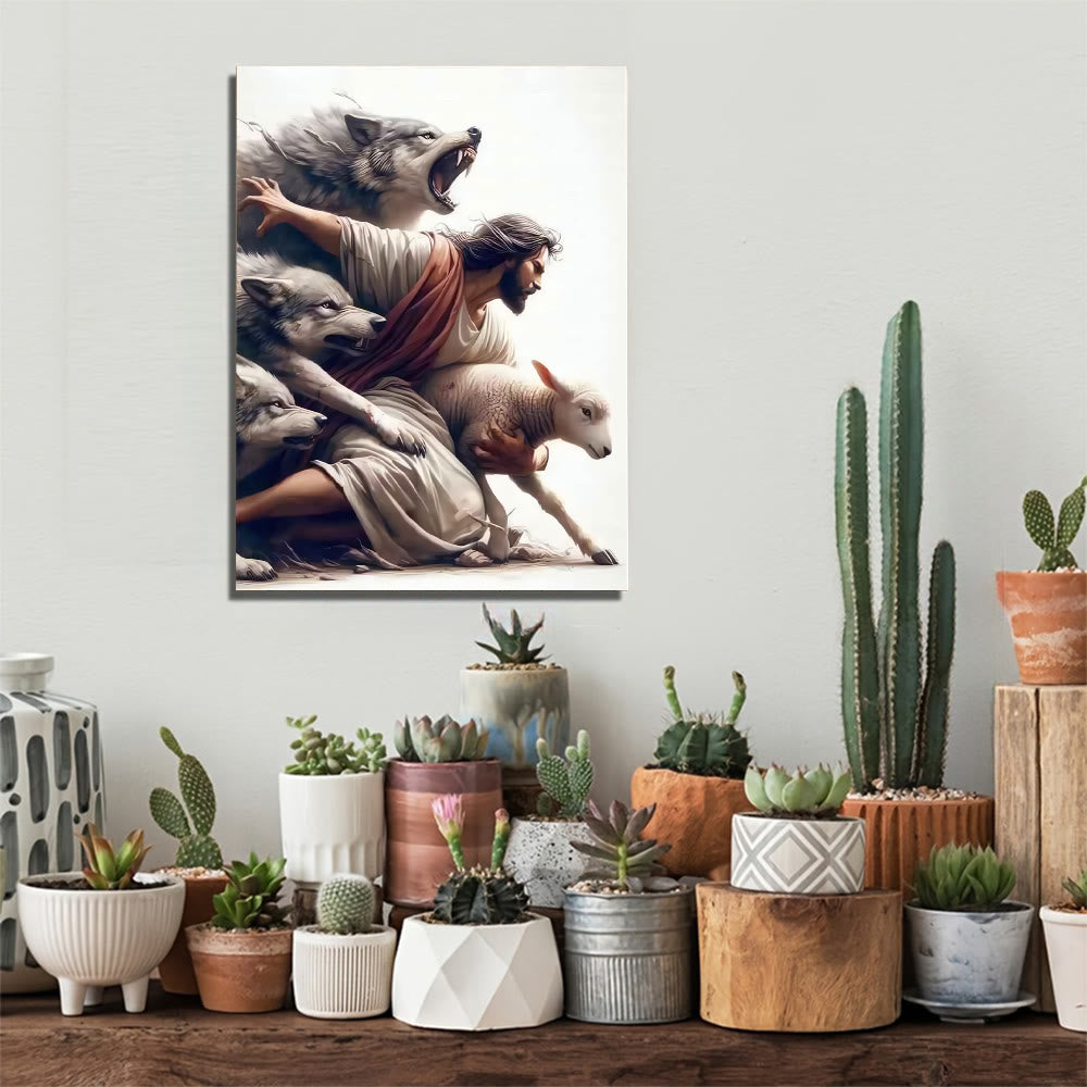 Christianartworkshop Stampa artistica da parete del Buon Pastore: protezione divina e devozione fedele - Dipinto su tela incorniciato - 11,81''*15,75''/30*40 cm - image 0