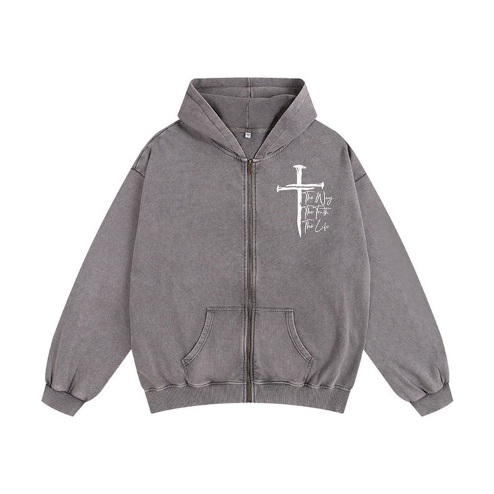 Giacca con cappuccio "Fede Path Cross" di Christianartworkshop: La via, la verità, la vita in abbigliamento casual - Grigio - 2XL - image 13