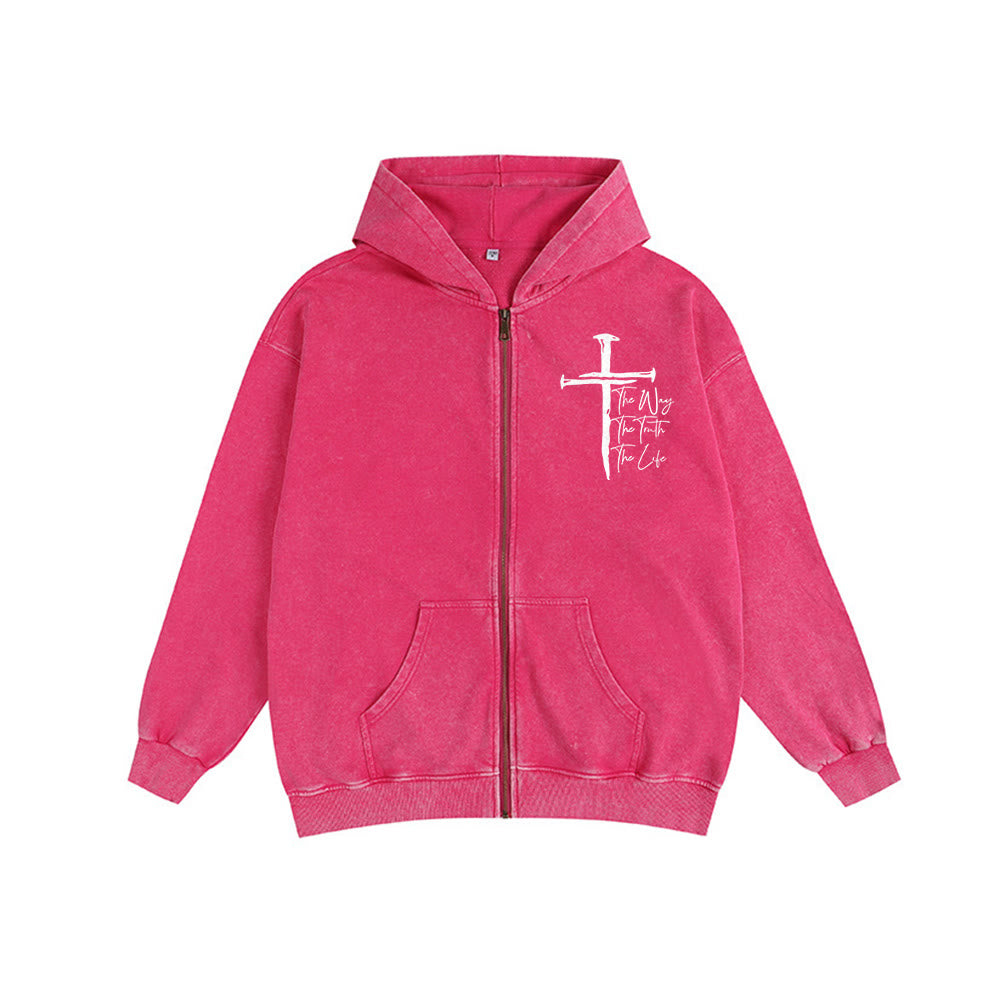Giacca con cappuccio "Fede Path Cross" di Christianartworkshop: La via, la verità, la vita in abbigliamento casual - Rosa - 2XL - image 7