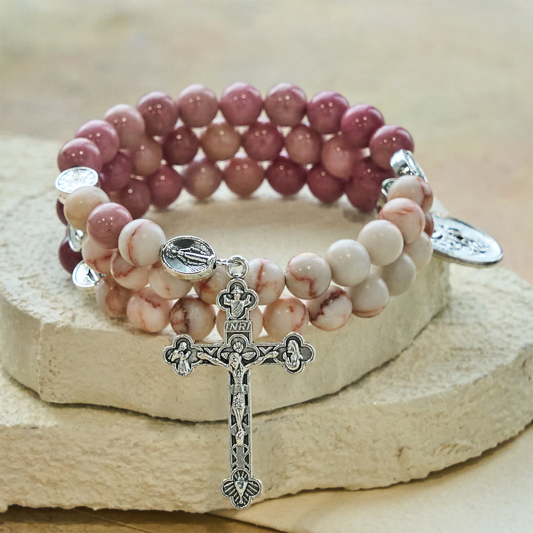 Christianartworkshop Bracciale rosario in filo di memoria con venature in palissandro e pietra opaca Web con medaglie mariane - Circonferenza del polso: 7,09"-9,45"/18-24 cm - image 0