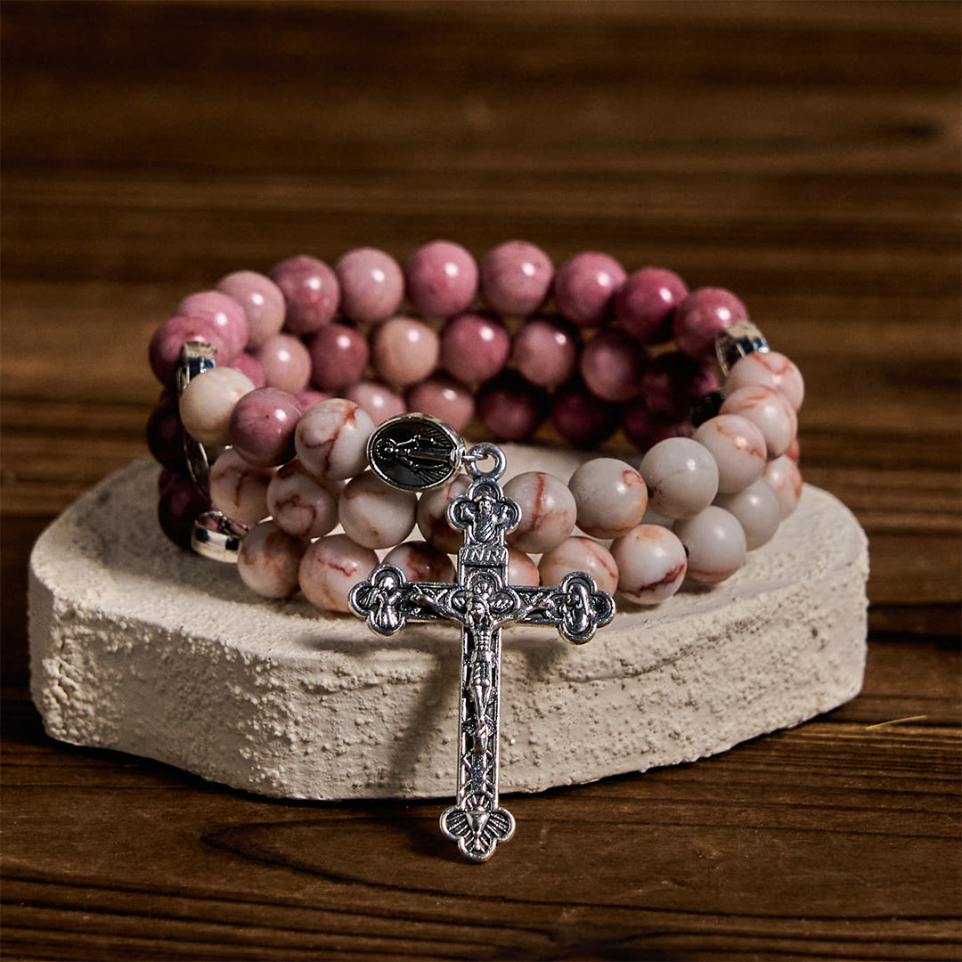 Christianartworkshop Bracciale rosario in filo di memoria con venature in palissandro e pietra opaca Web con medaglie mariane - image 2