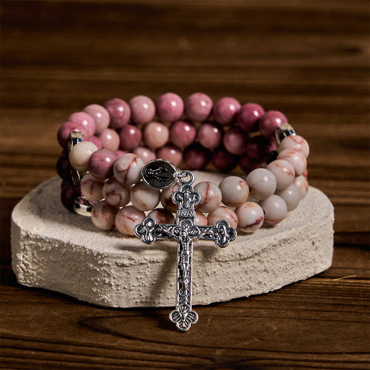 Christianartworkshop Bracciale rosario in filo di memoria con venature in palissandro e pietra opaca Web con medaglie mariane - image 2