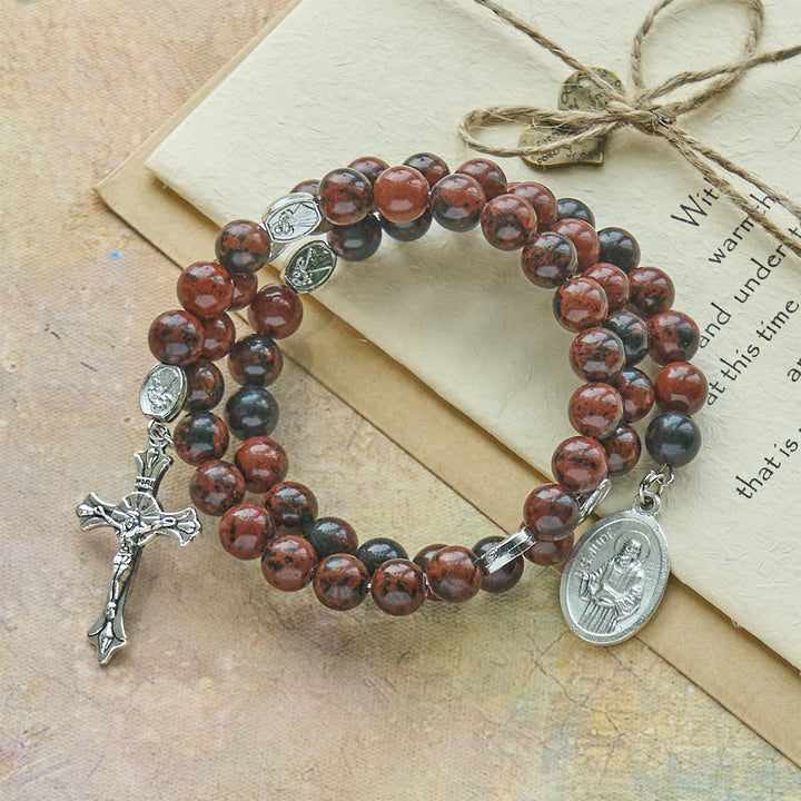 Bracciale rosario in filo di memoria in ossidiana mogano naturale Christianartworkshop con Gesù - image 4