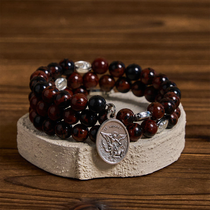 Bracciale rosario in filo di memoria in ossidiana mogano naturale Christianartworkshop con Gesù - image 5