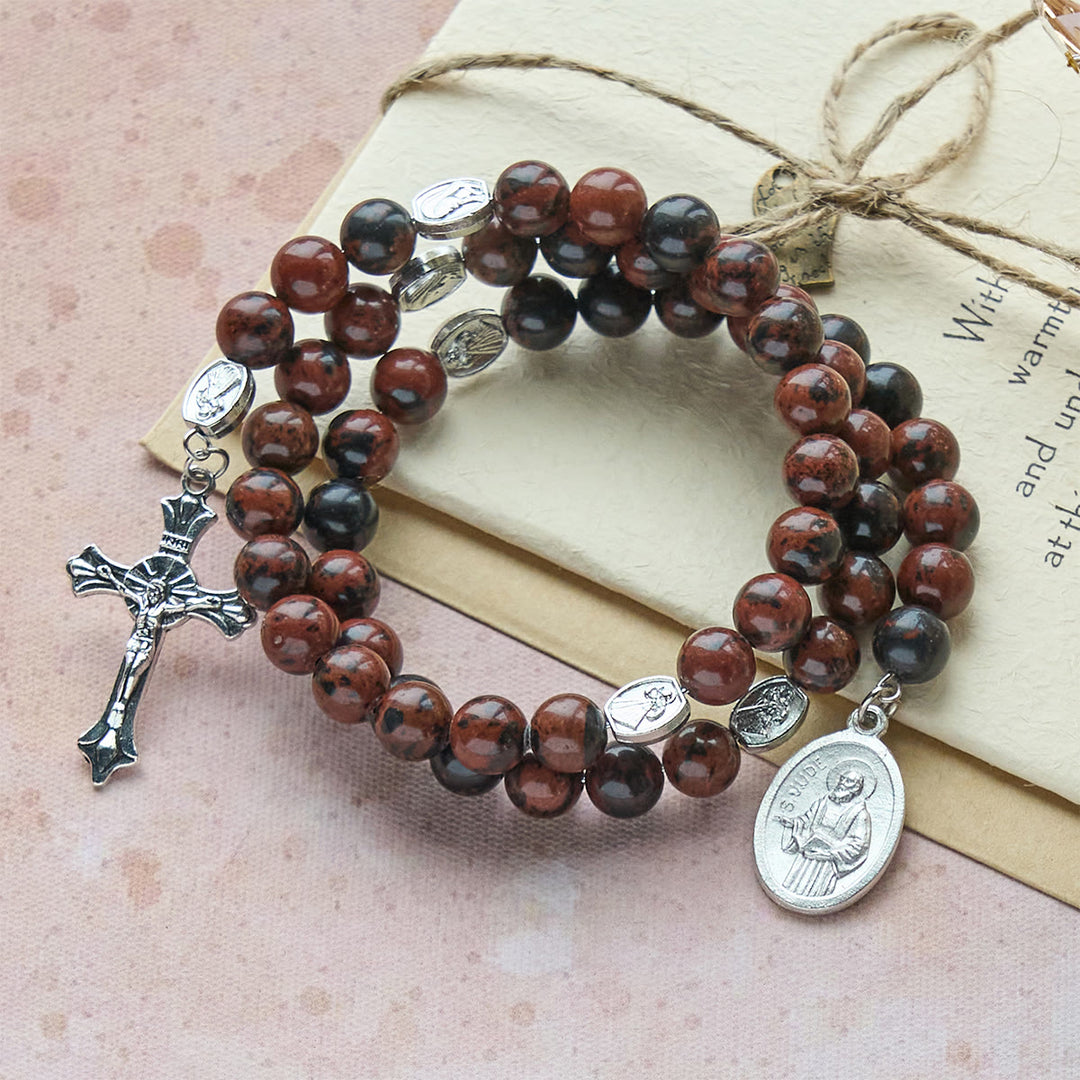 Christianartworkshop Bracciale rosario in filo di memoria in ossidiana mogano naturale con Gesù - image 3
