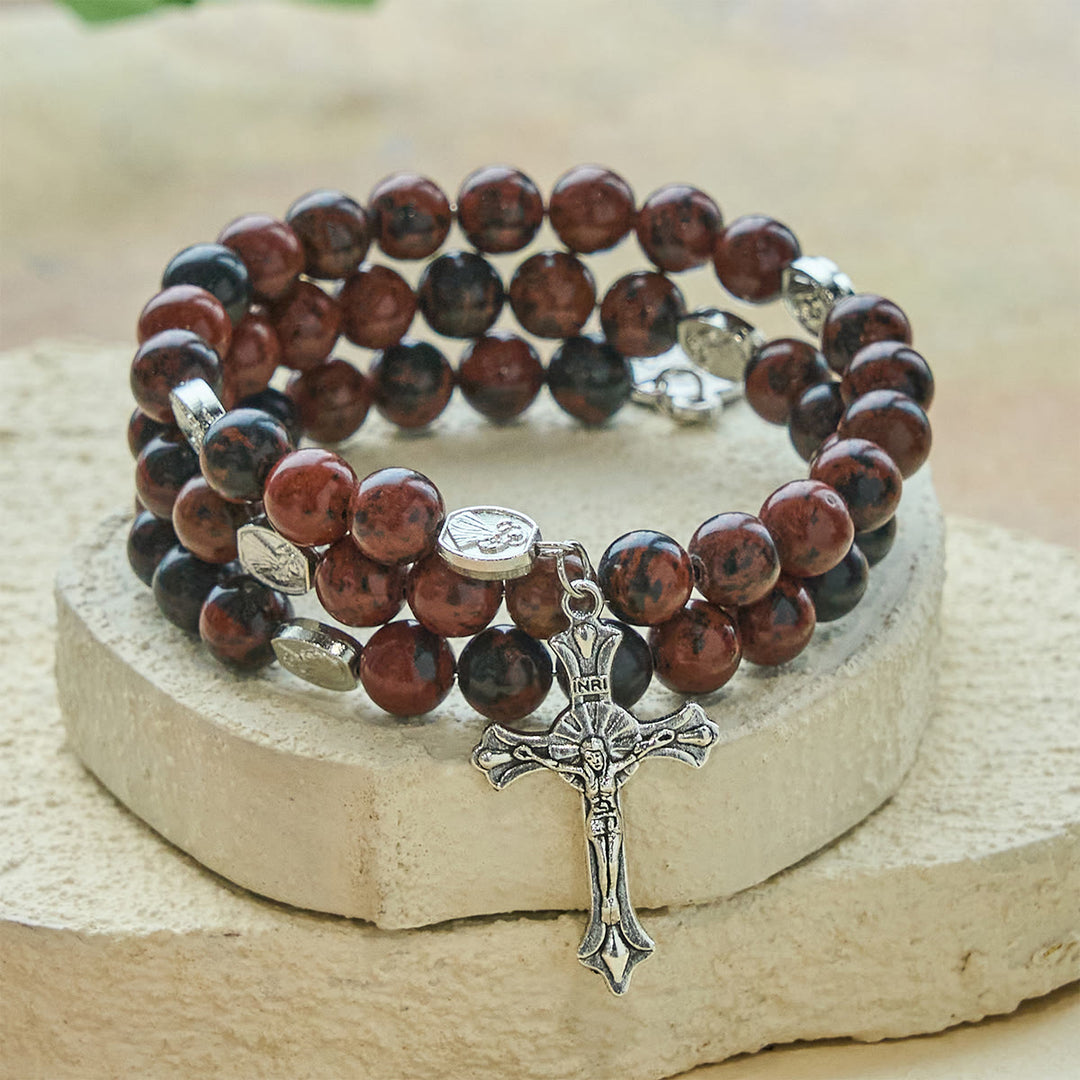 Christianartworkshop Bracciale rosario in filo di memoria in ossidiana mogano naturale con Gesù - image 2