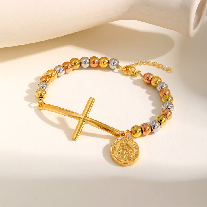 Bracciale con perline a forma di croce e Madonna Christianartworkshop : simbolo spirituale dall'eleganza raffinata - Oro e argento - image 0