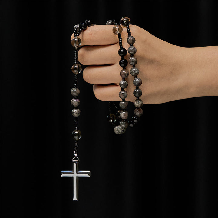 Rosario con perline di pietra fiammeggiante luminosa cangiante Christianartworkshop e croce - image 5